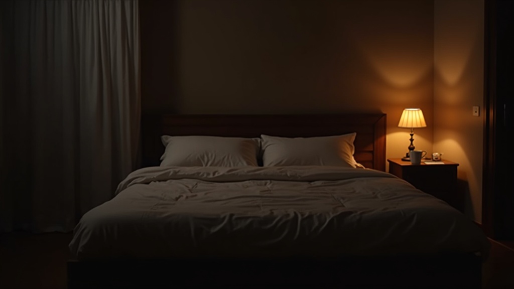 Cozy nighttime bedroom with soft lighting and a steaming mug on a bedside table