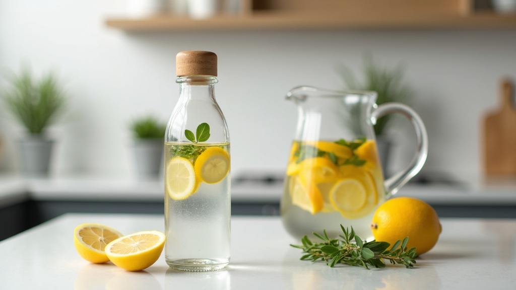 Reusable water bottle, lemon slices, and infused water on a kitchen counter