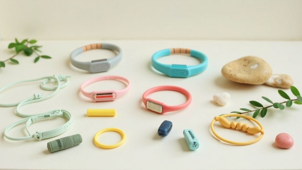 Colorful child mindfulness wearables on a desk